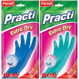 Перчатки резиновые хозяйственные Paclan "Practi Extra Dry", разм. L, х/б напыление, 100% флок, голубые, пакет с европодвесом